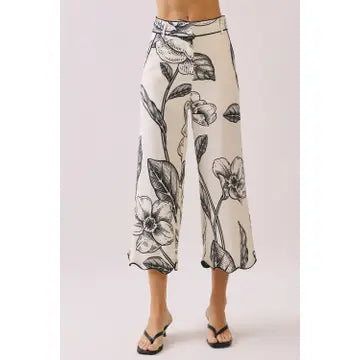 Floral Print Wide Leg Cropped Silhouette Pants