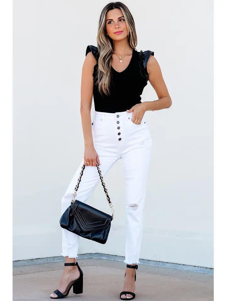 Leatherette Ruffle Patchwork Ribbed V Neck Bodysuit
