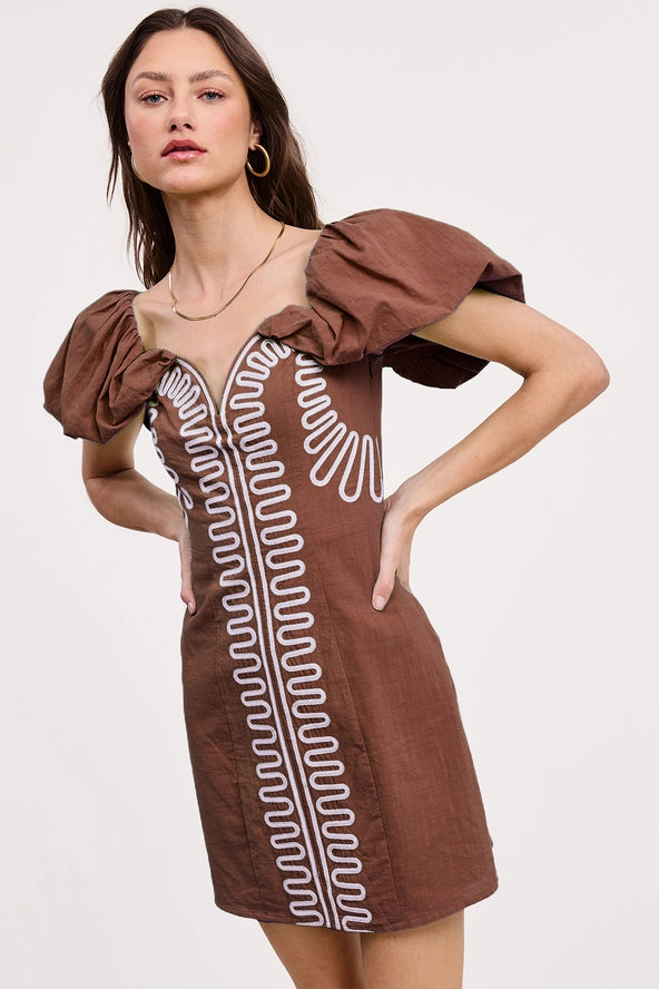 Ultramarine Embroidery Detail Off Shoulder Linen Mini Dress