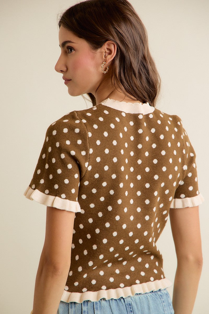 So Me Polka Dot Ruffled Short Sleeve Sweater Knit Top