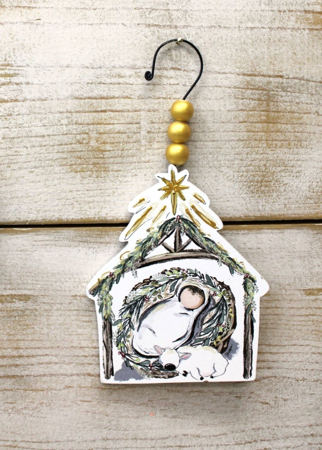 Jesus In Manger With Lamb Ornament With Bead Hanger