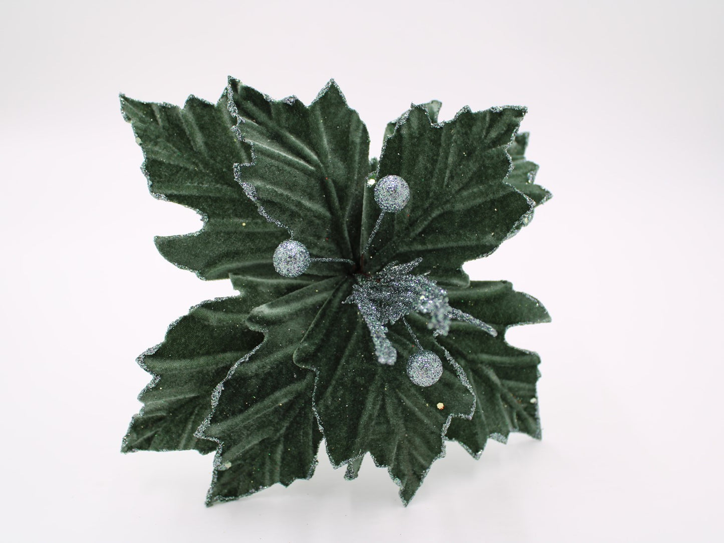 Deep Sage Velvet Poinsettia Pick with Sage Glitter