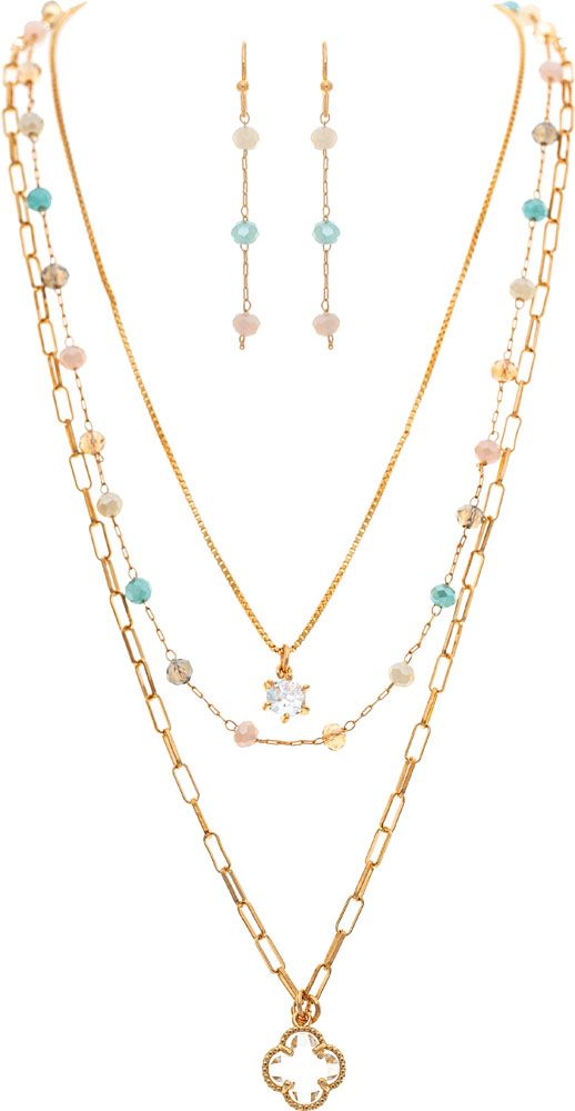 Gold Multicolor Bead Clover Charm Layer Necklace Set