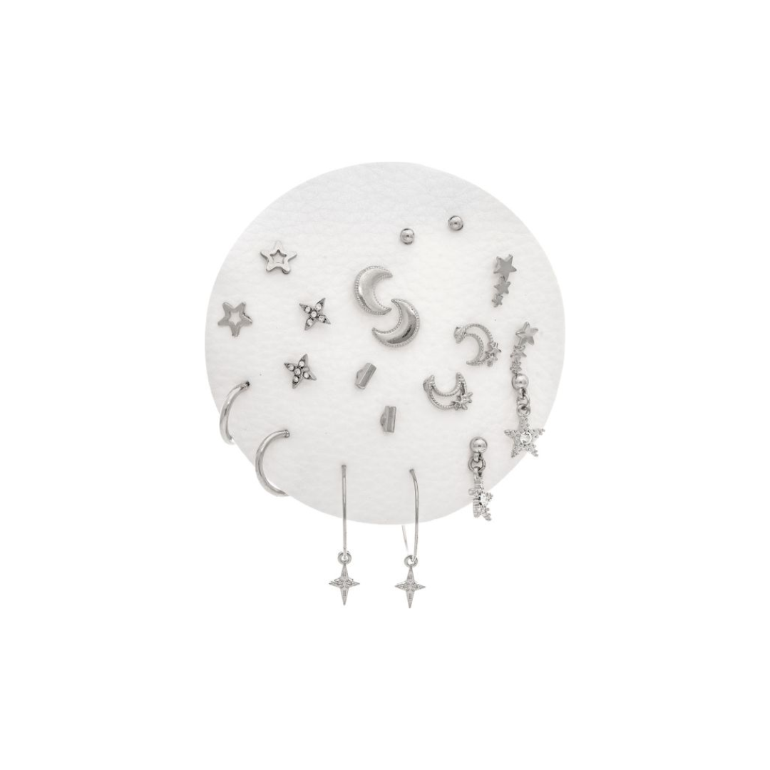 Silver Ten Piece Moon and Stars Hoop and Post Earring Set
