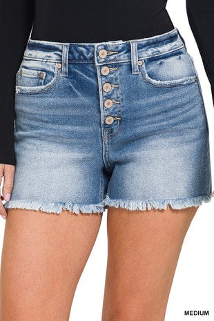 Zenana Fray Hem 5 Button Fly Medium Denim Shorts