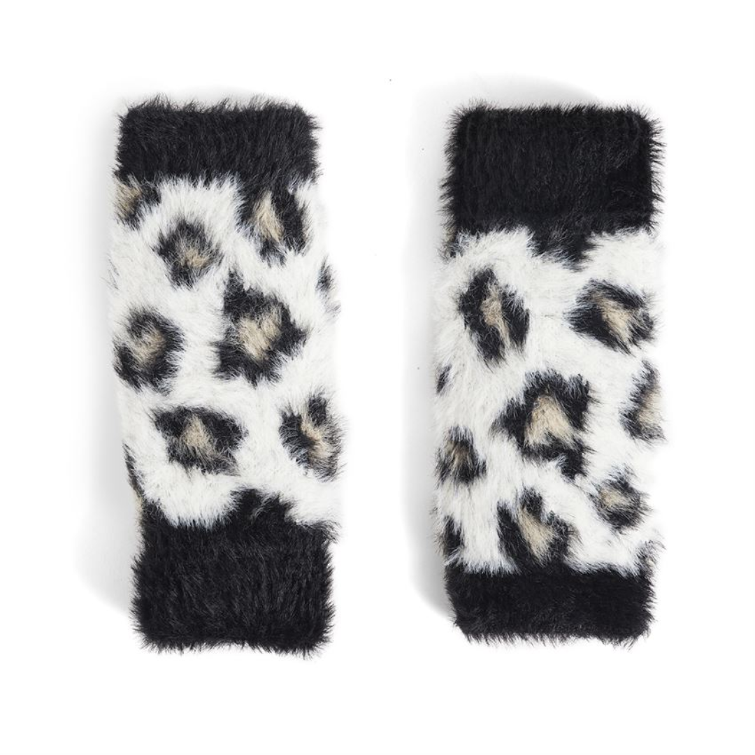 White Leopard Print Fingerless Gloves