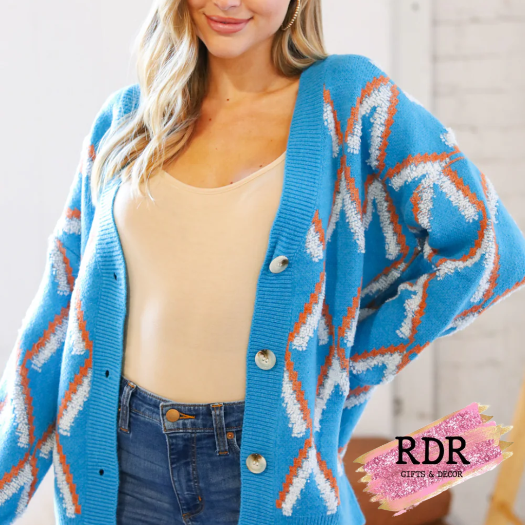 Blue V Neck Button Sweater With White & Rust X Detail