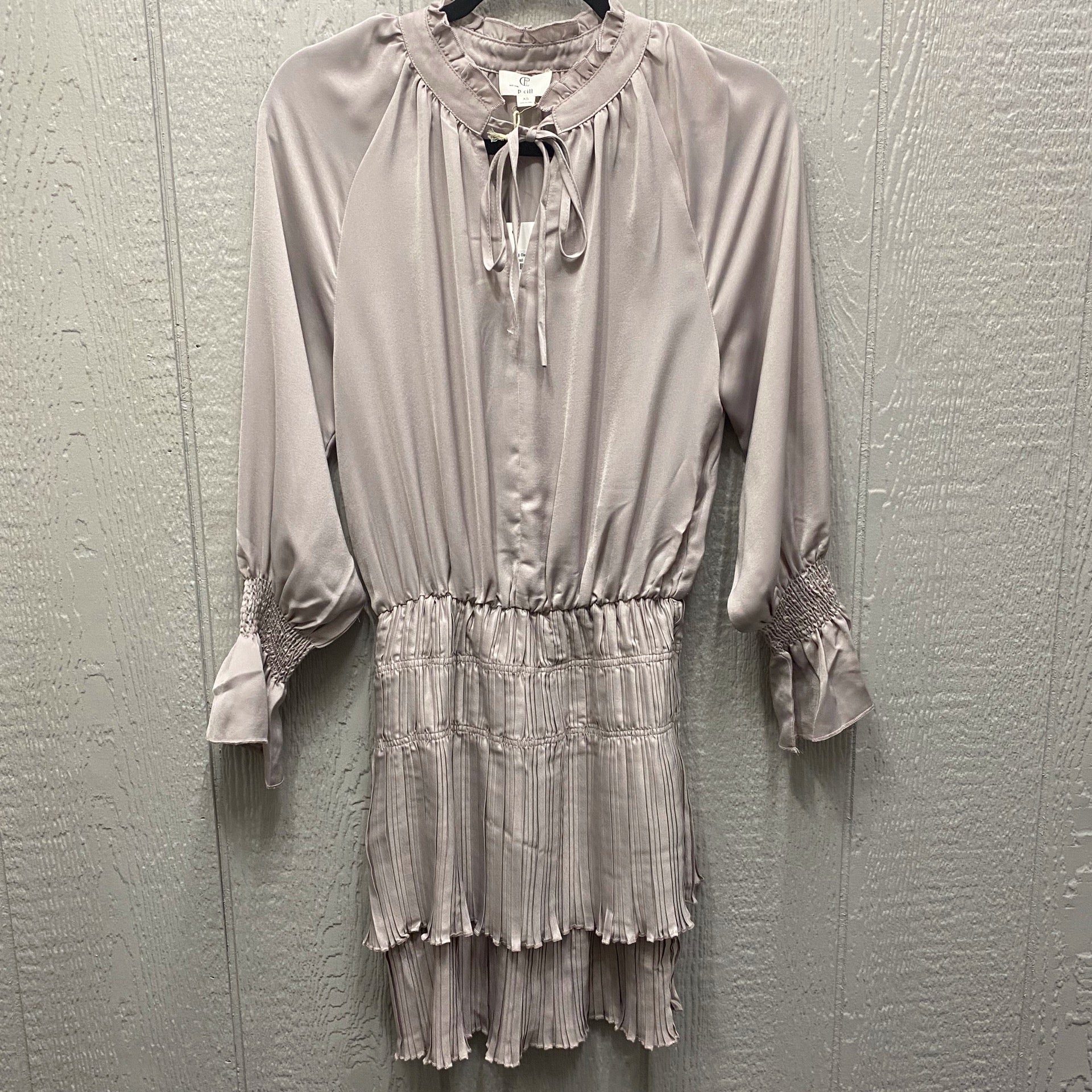 Taupe Satin Pleated Long Sleeve Dress Medium Taupe Satin Pleated Long Sleeve Dress Medium