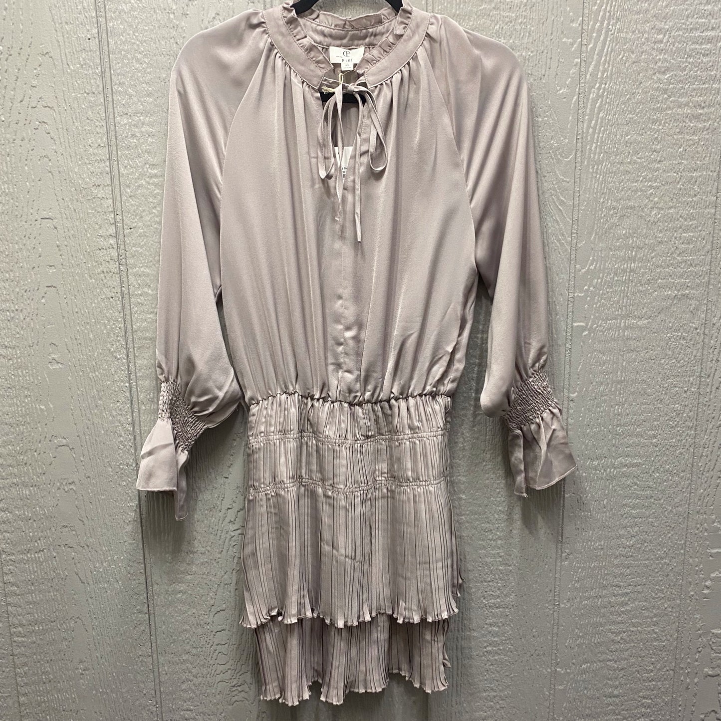 Taupe Satin Pleated Long Sleeve Dress