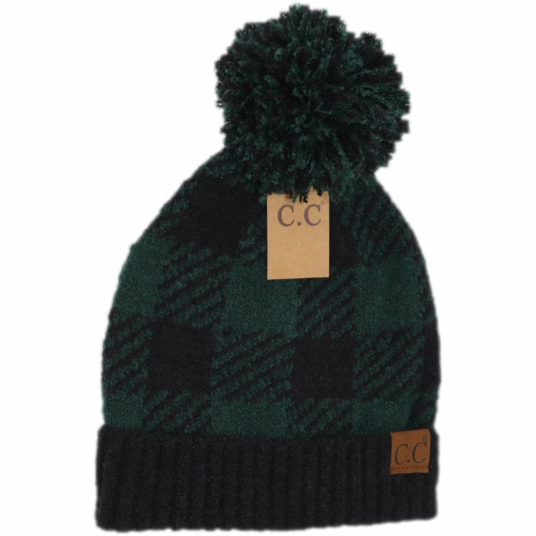 Black/Deep Pine Buffalo Print Jacquard Knit Pom C.C Beanie