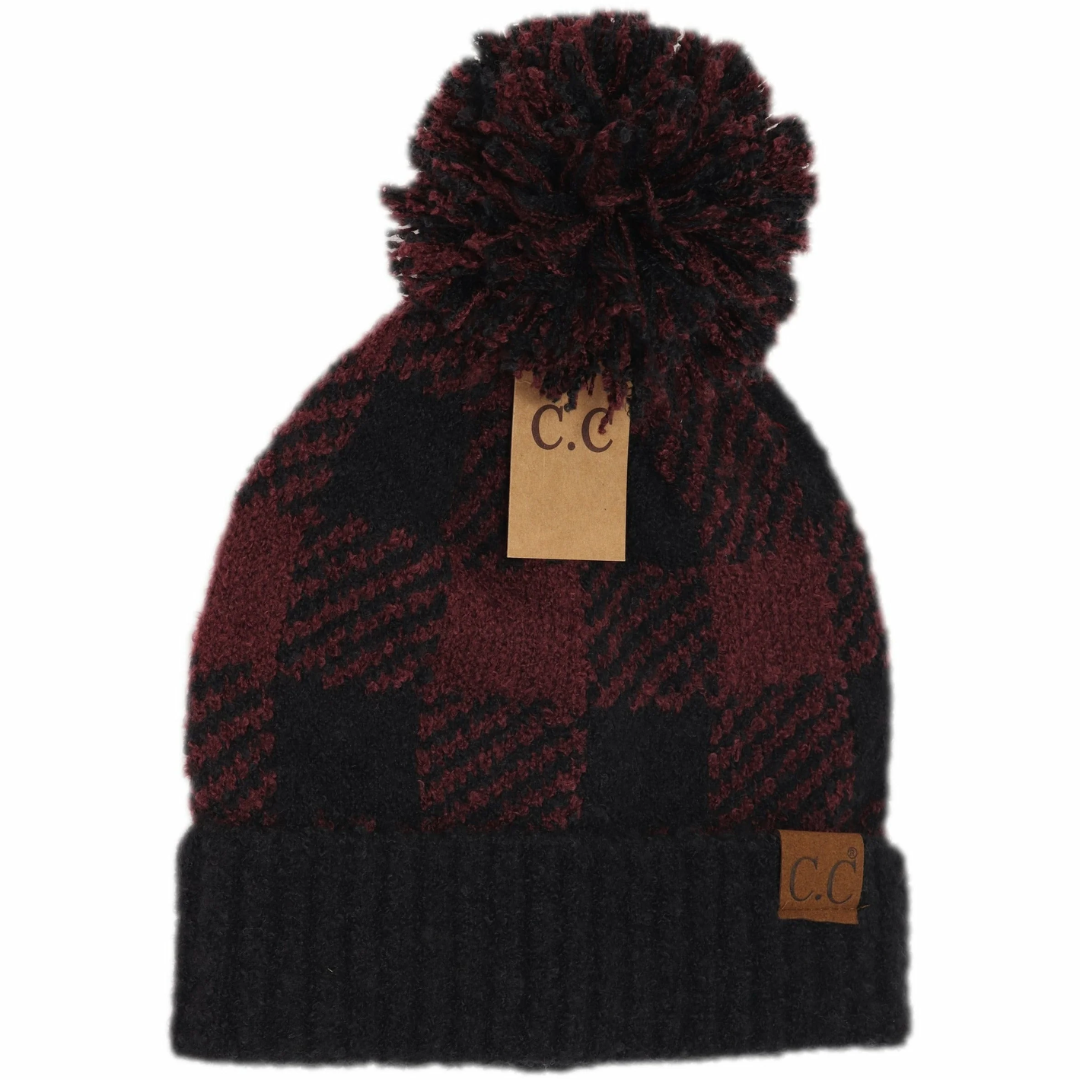 Black/Berry Buffalo Print Jacquard Knit Pom C.C Beanie