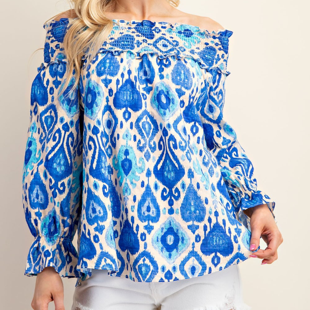 Printed Smocked Off Shoulder Blouse With Ruffle Detail