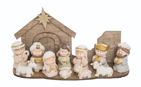 Resin Nativity Cuties With Wooden Scene