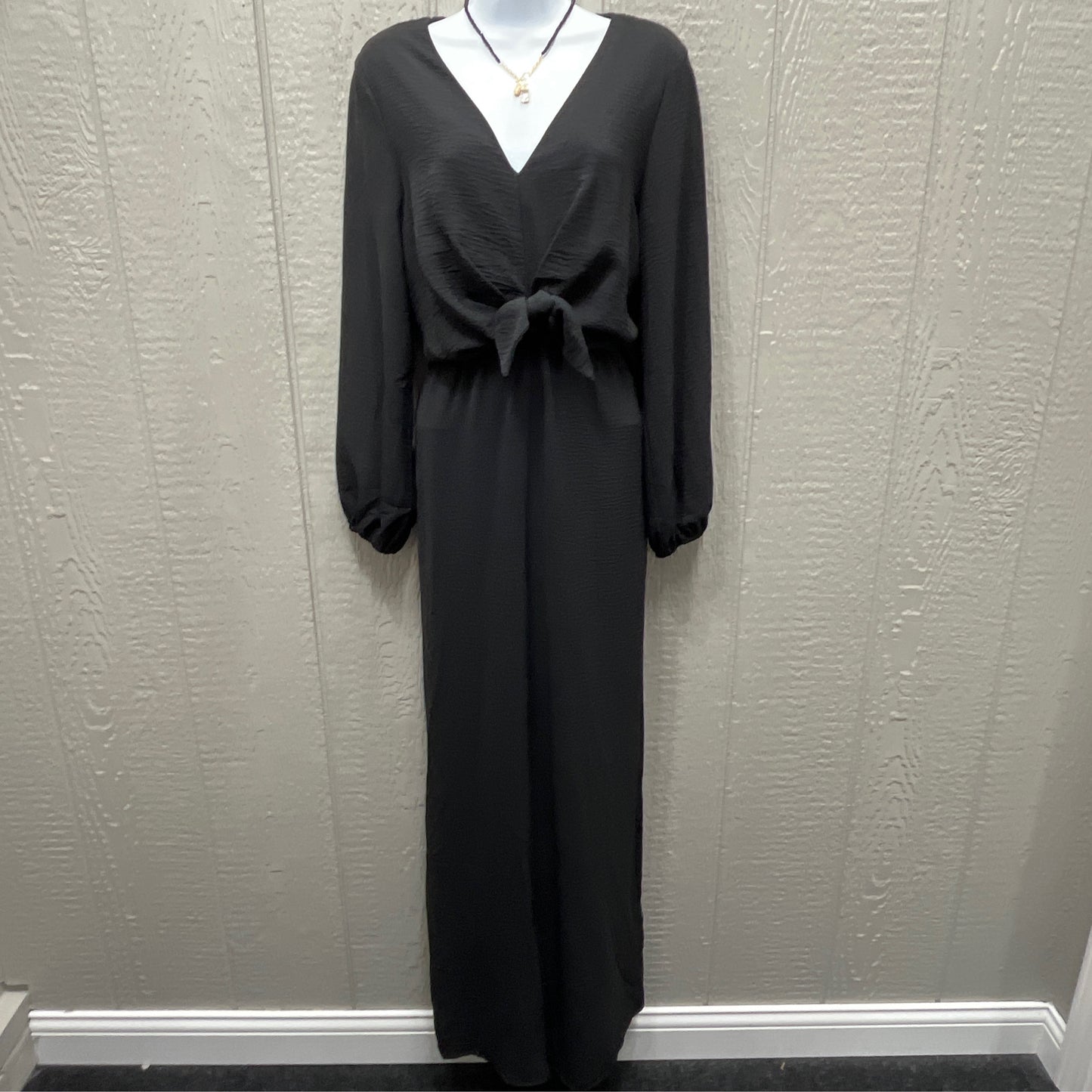 Black Long Sleeve Woven Wide Leg Jumpsuit With Front Tie Detail