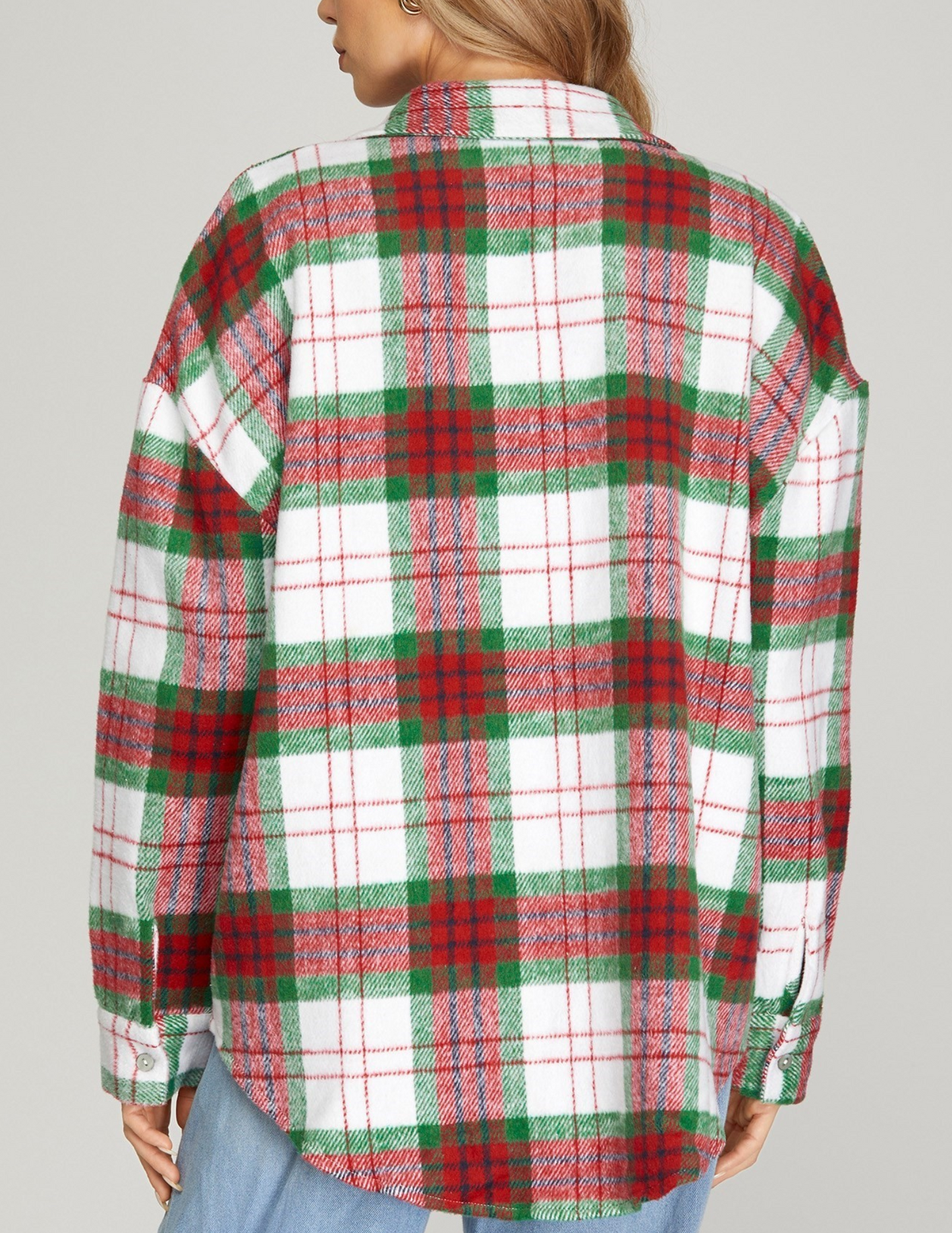 Red & Green Plaid Button Down Shacket