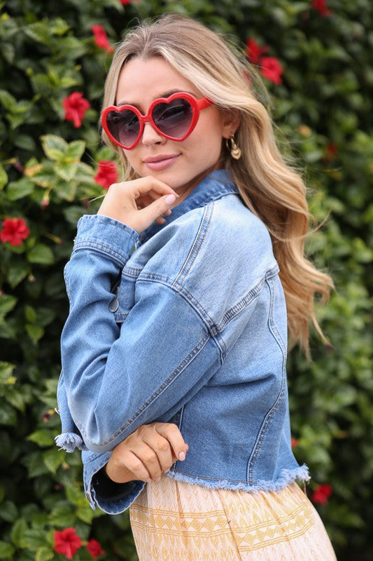 Button Down Collared Cropped Jean Jacket