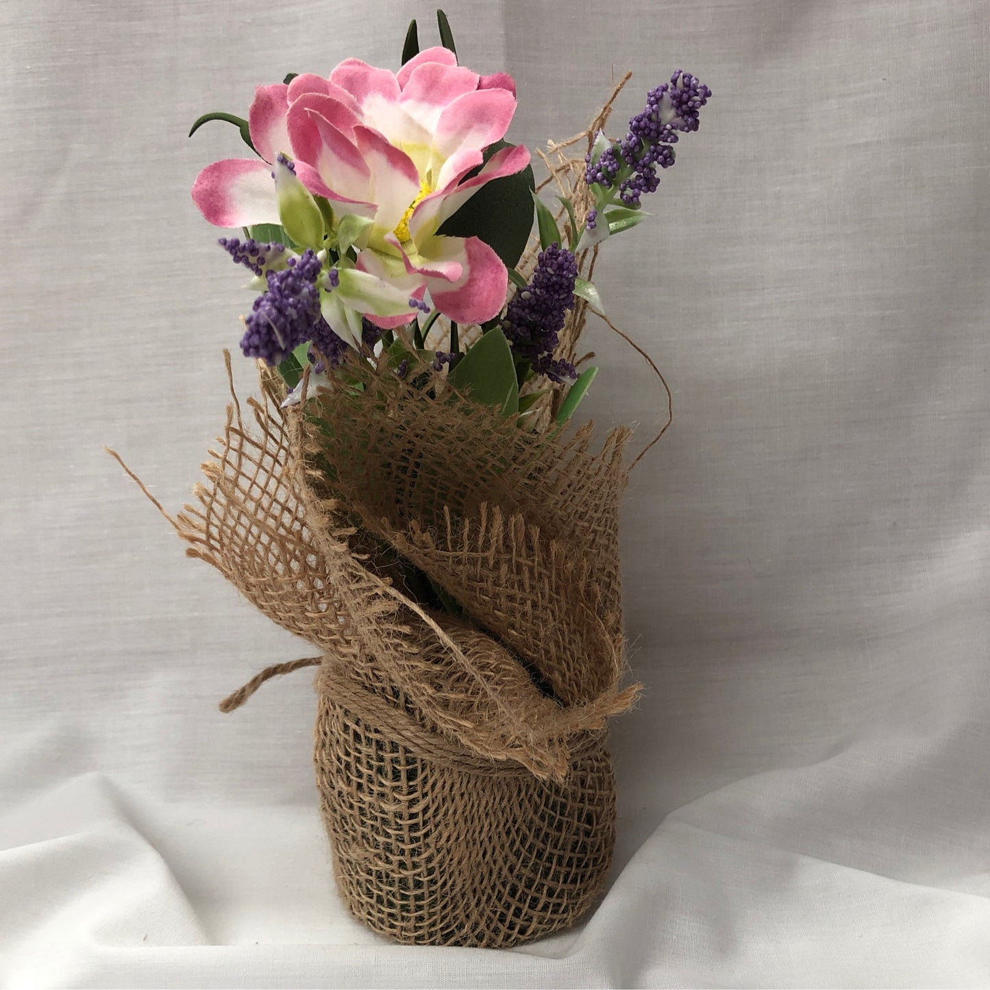 Pink Standing Flower W/ Lavender in Burlap