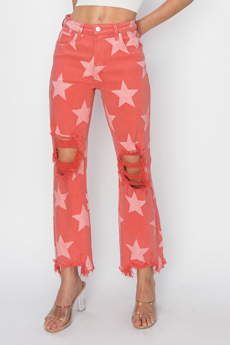 Risen High Rise Star Print Cropped Step Hem Pants