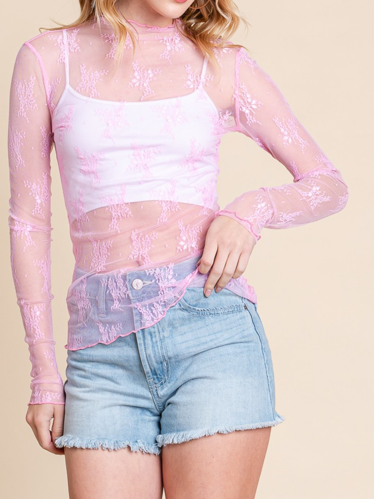 Mesh High Neck Floral Print Long Sleeve Fitted Top
