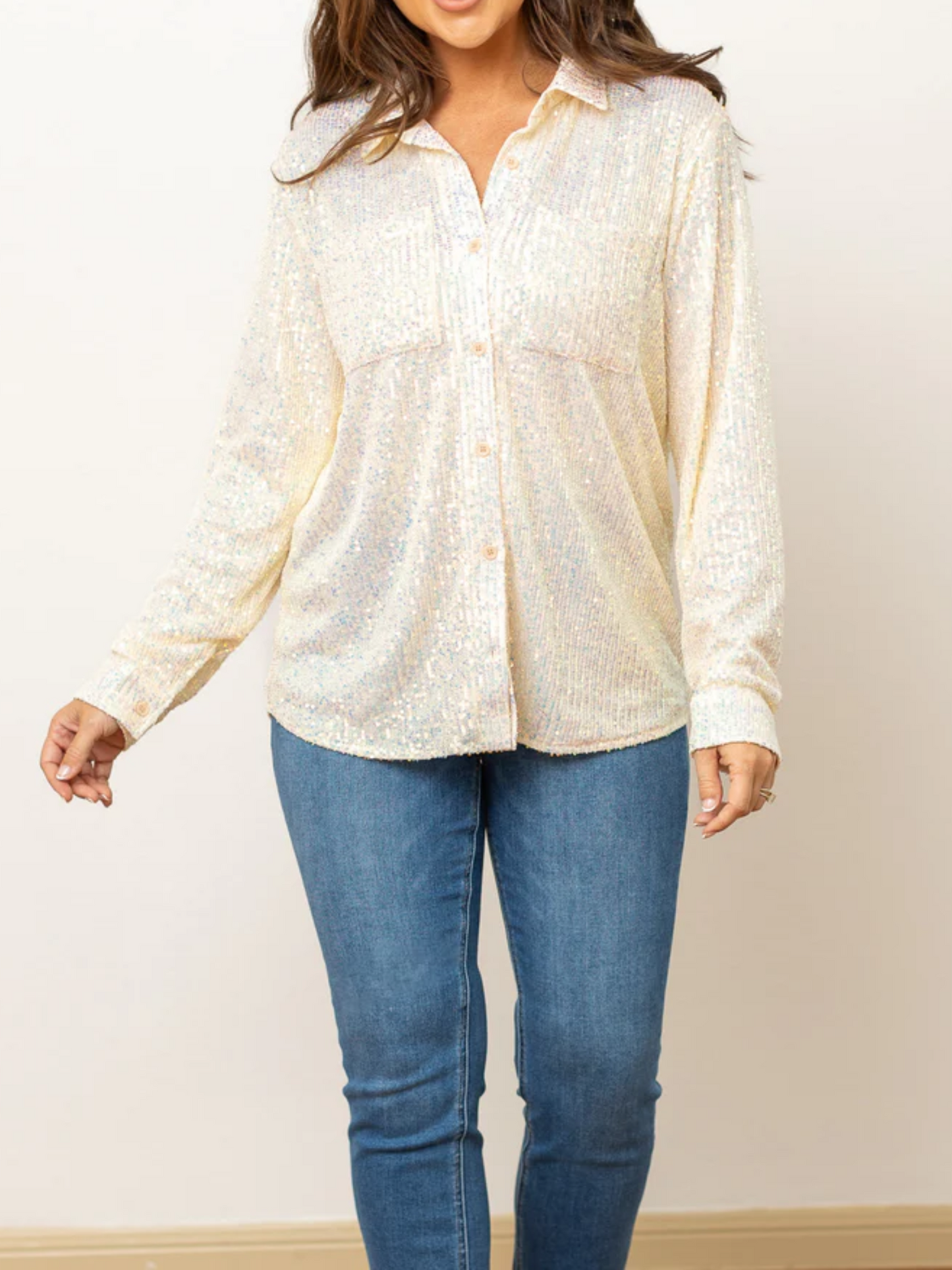 Concert Grace White Sequin Kathryn Classic Button Up