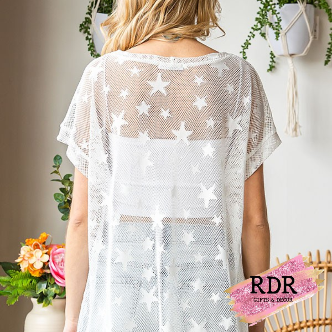 White Star Crochet Fish Net Short Sleeve Top