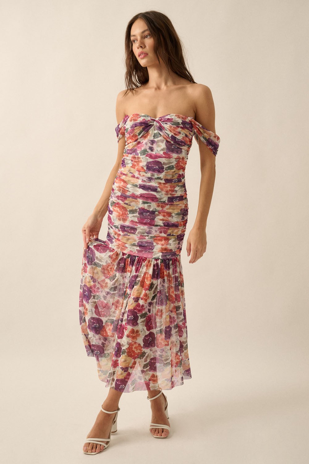 floral mesh sweetheart dress Peach Floral Mesh Sweetheart Neck Midi Dress