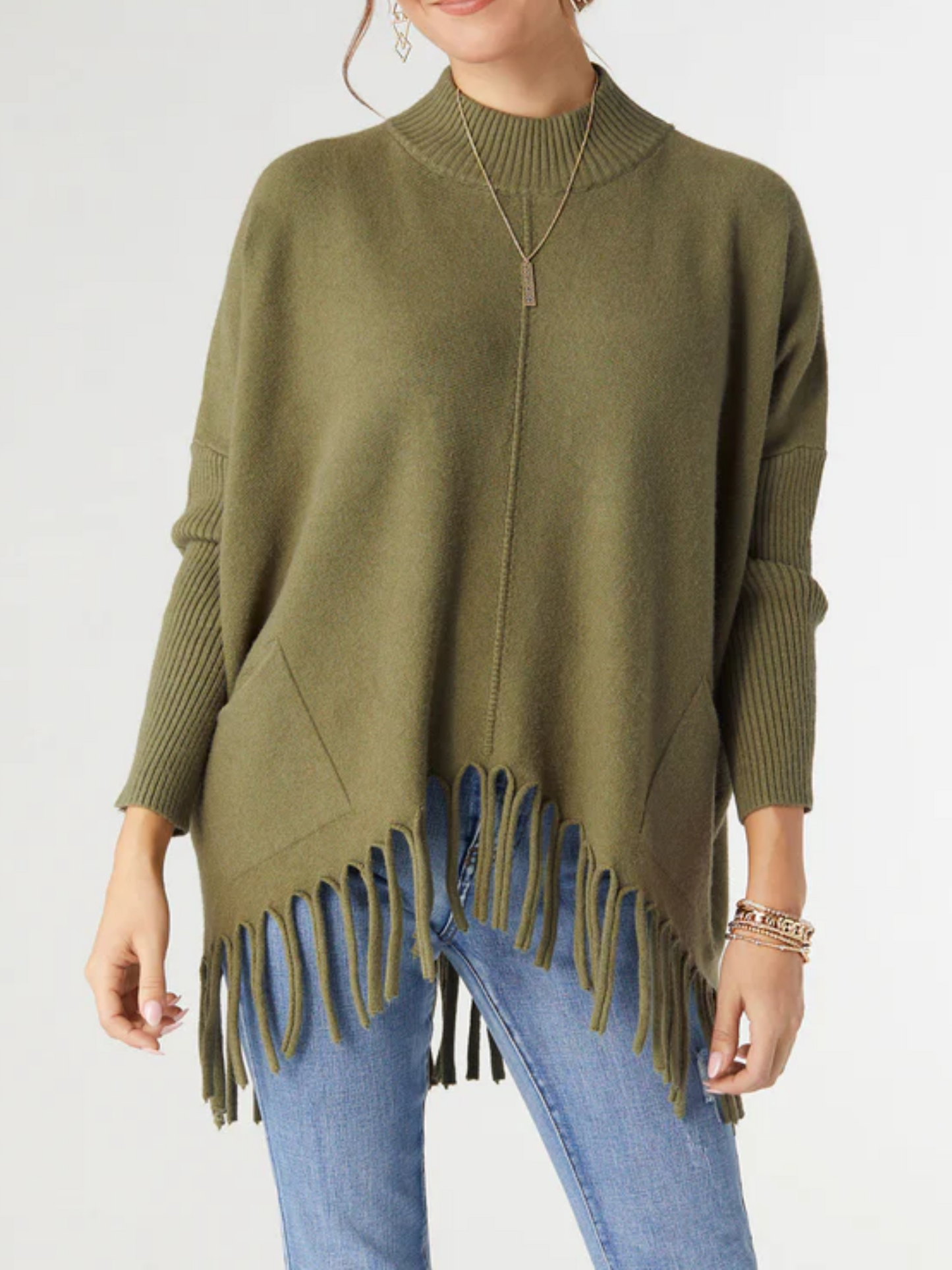 Coco + Carmen Flowy Mock Neck Fringe Sweater