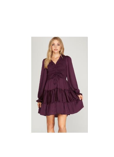Long Sleeve Satin Smocked Tiered Dress