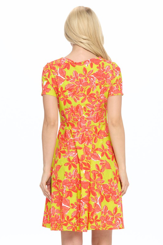 Lime Floral Short Sleeve Fit and Flare Mini Dress