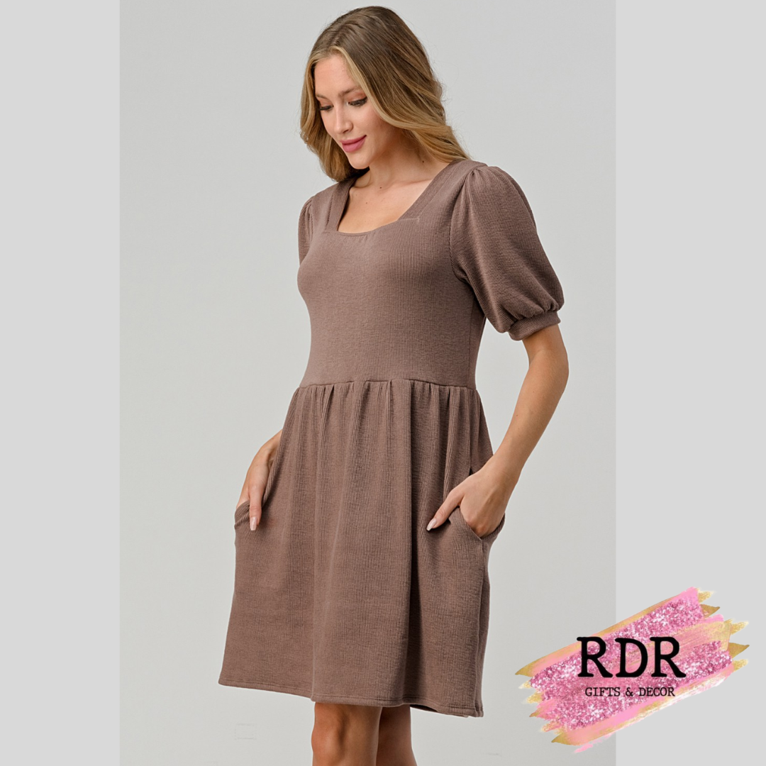 Mocha Square Neck Dress with Puff Sleeve