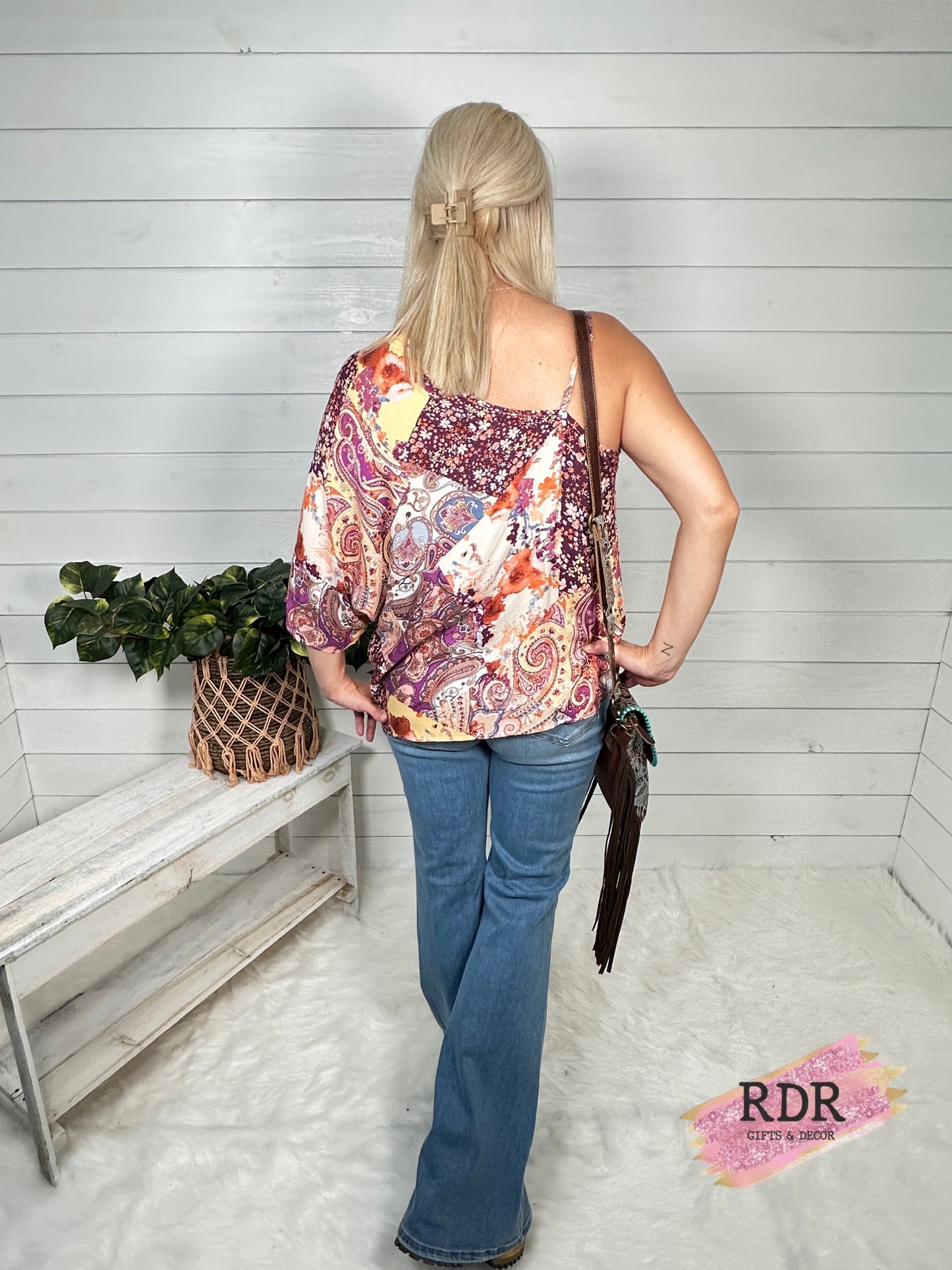 Magenta Multi Top With One Dolman Sleeve