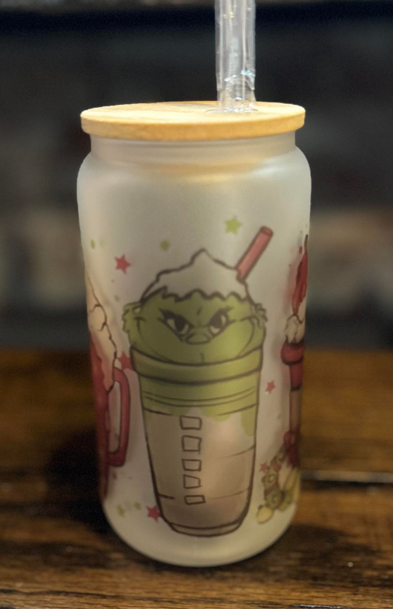 Frosted Grinch Glass Wood Lid With Straw