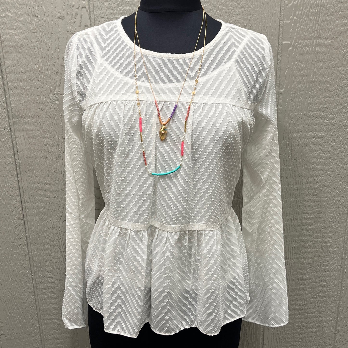Charlie Paige White Sheer Chevron Pattern Long Sleeve Tiered Top With Cami