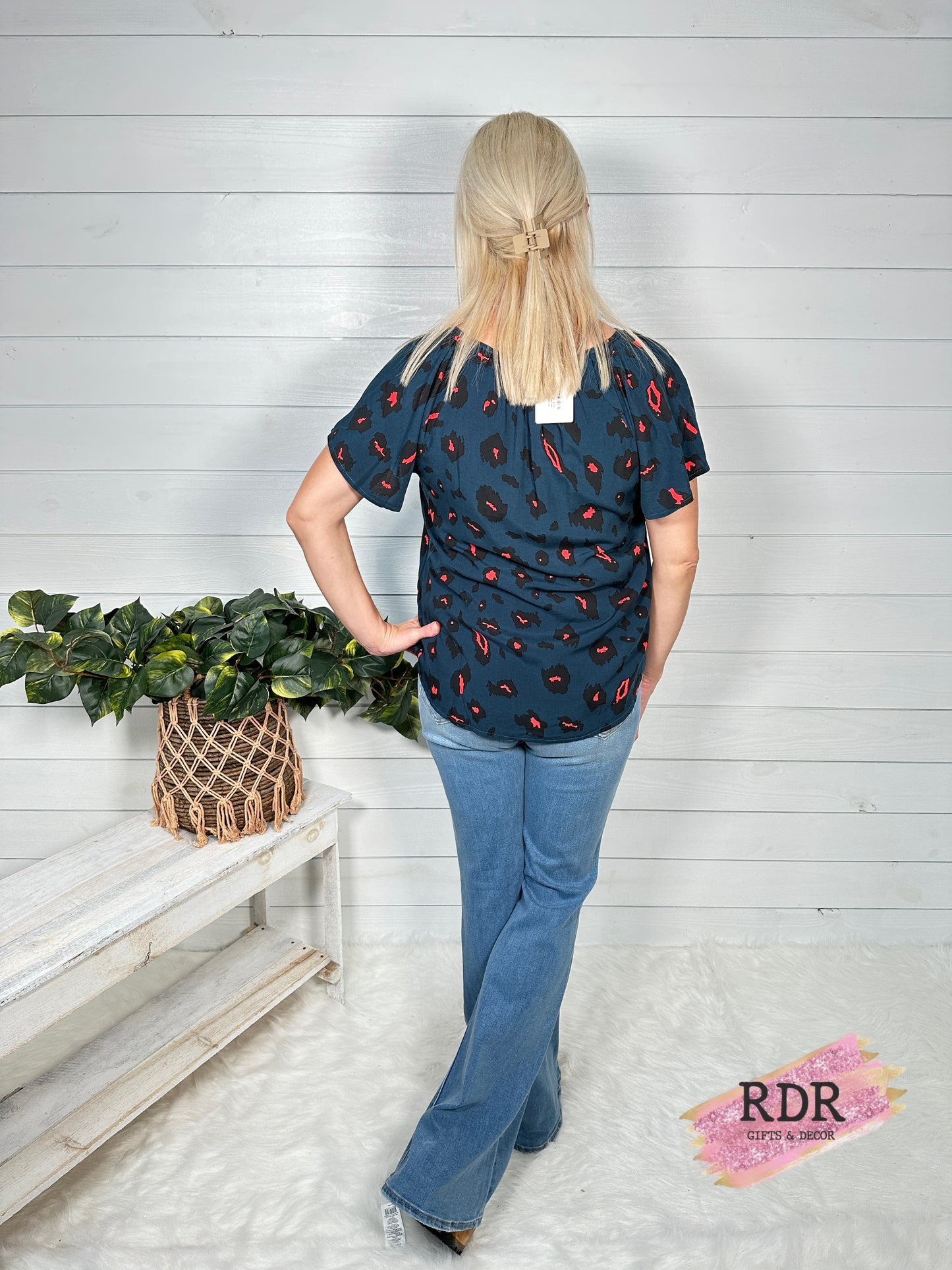 Teal Leopard Print V Neck Short Sleeve Top