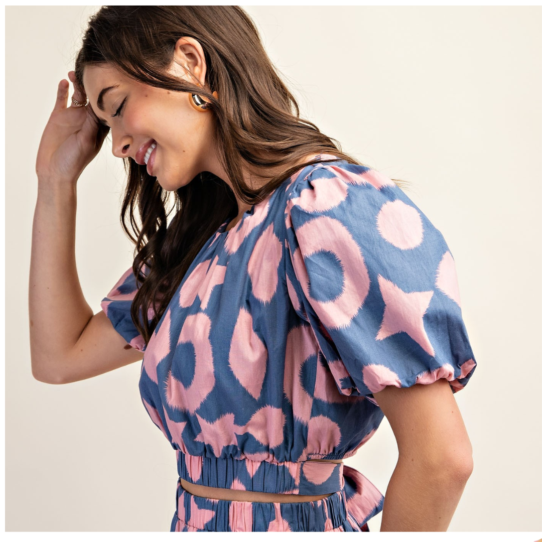 Blue and Pink Printed Short Puff Sleeve Tie Back Crop Top