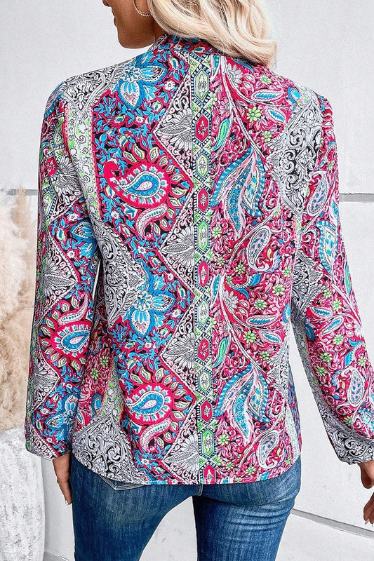 Vintage Boho Paisley Print Notched Neck Blouse