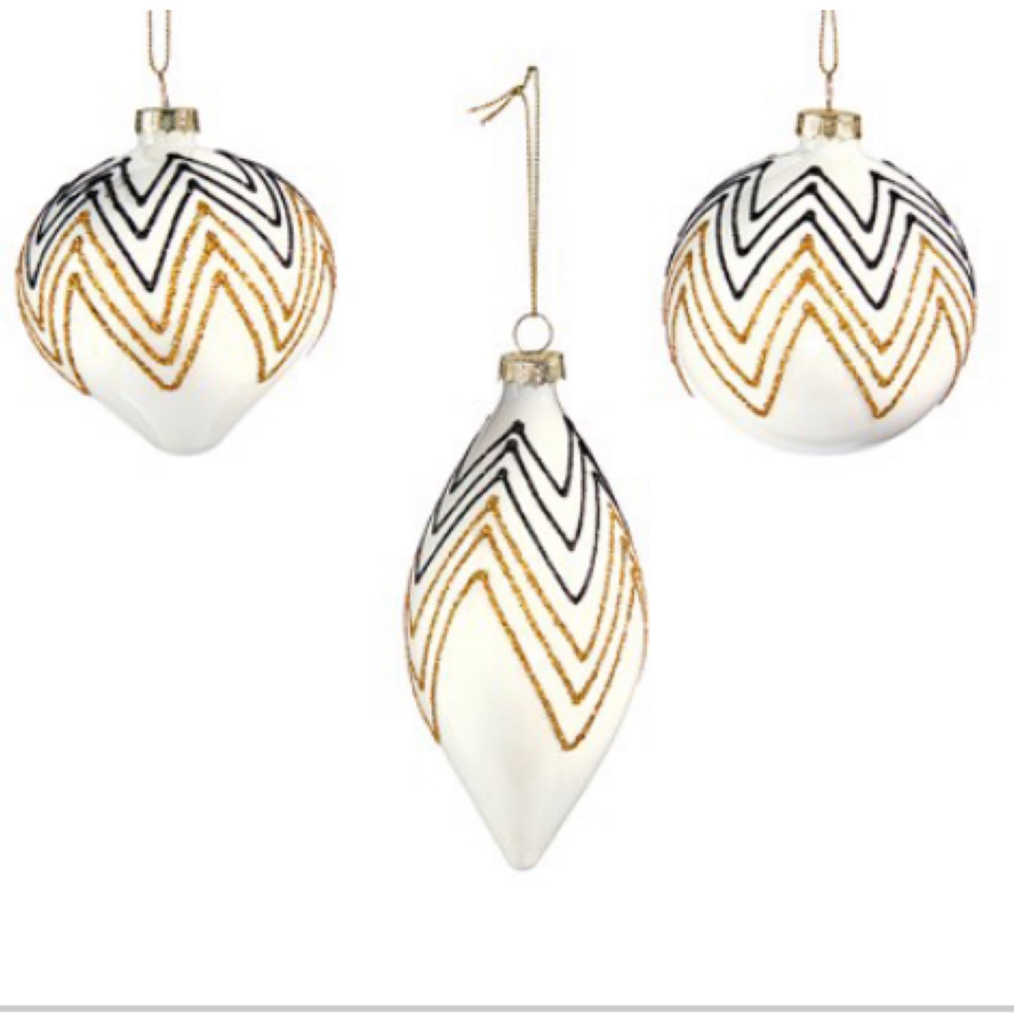 White Glass Ornament With Black & Gold Zig Zag Design