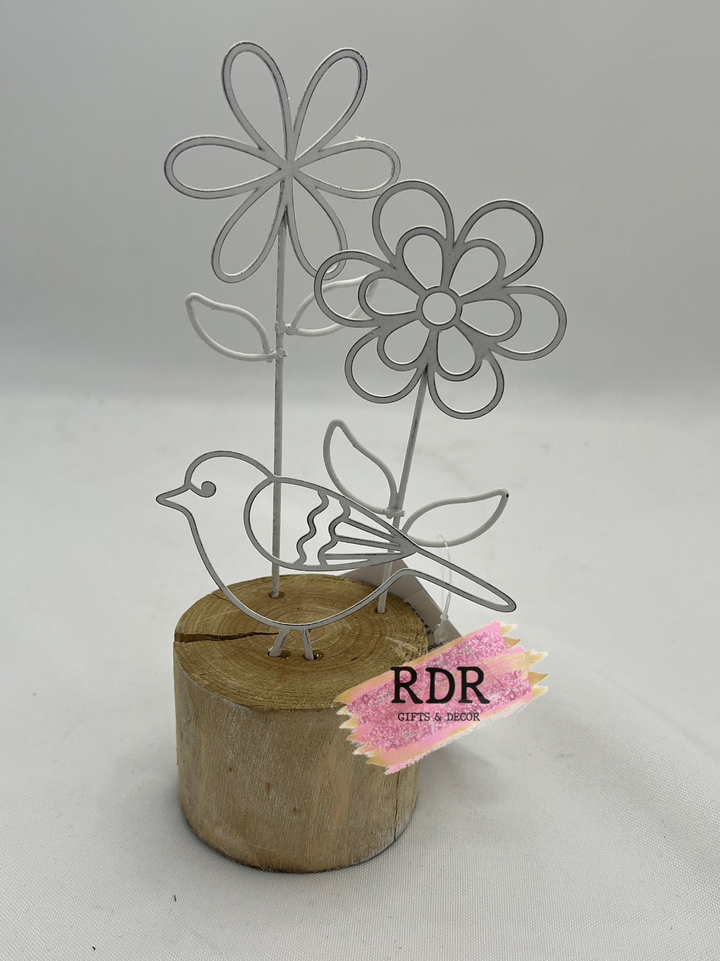 Metal Bird and Flower on Stump