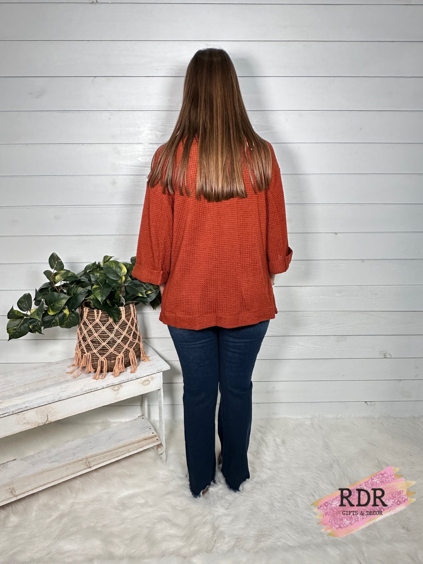 Red Brick Waffle Knit High Low Sweater