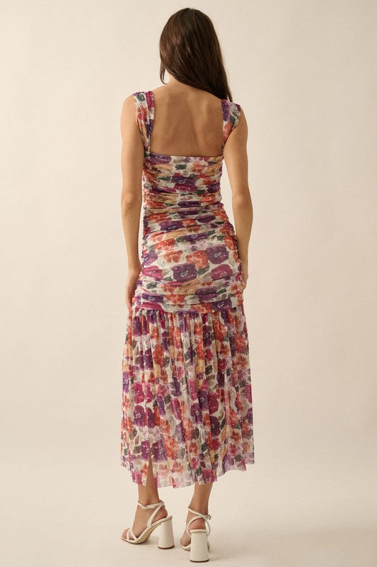 Colorful Floral Mesh Sweetheart-Neck Ruch-Bodice Midi Dress