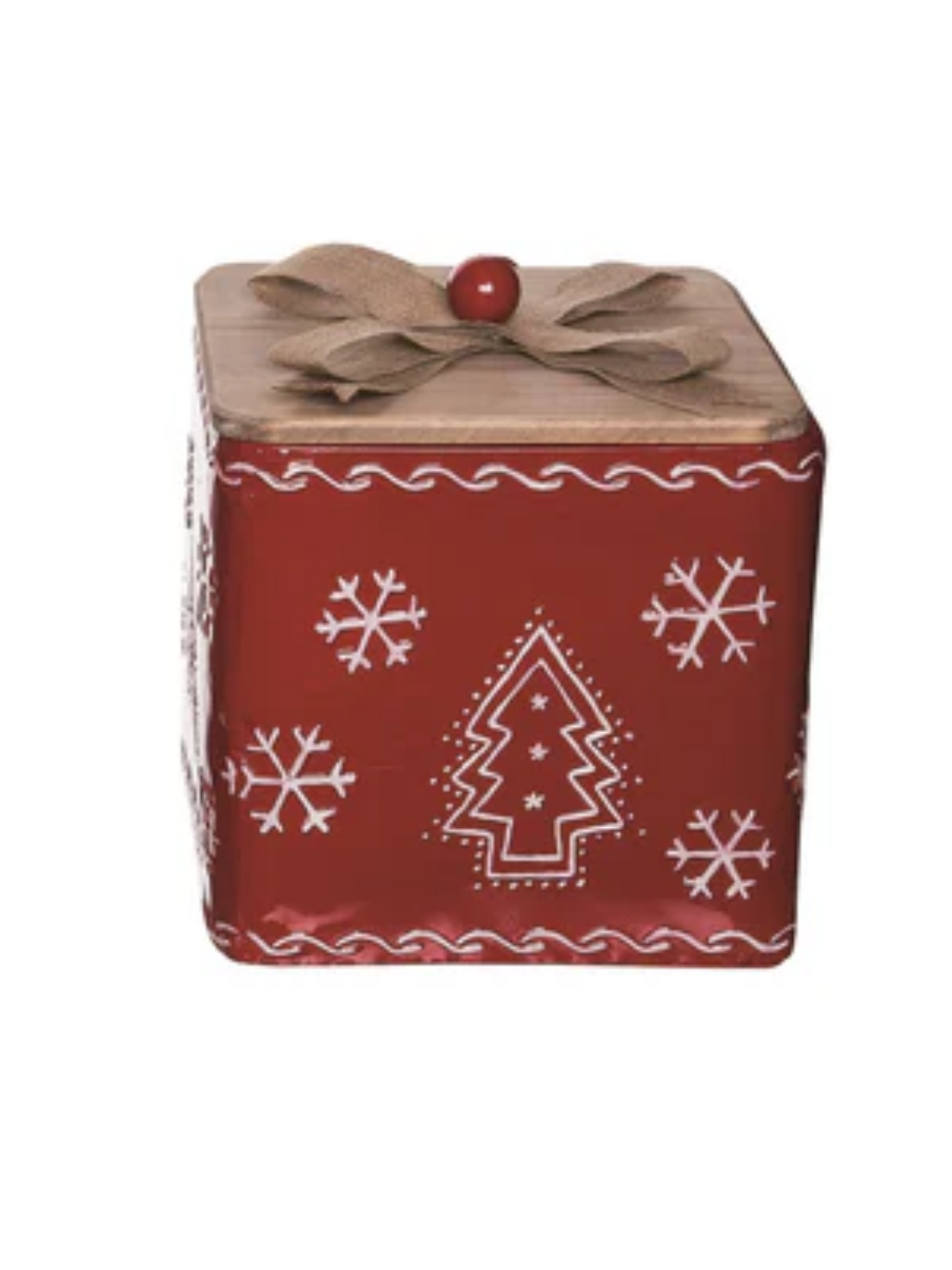 Red Metal Christmas Box With Wooden Lid