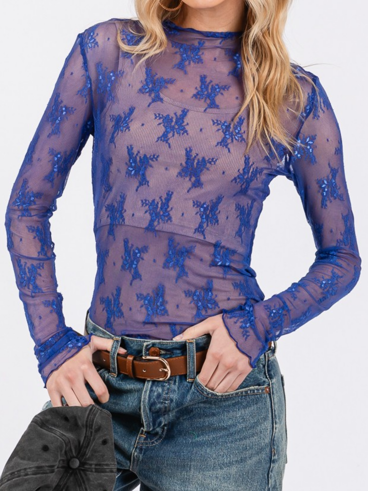 Mesh High Neck Floral Print Long Sleeve Fitted Top