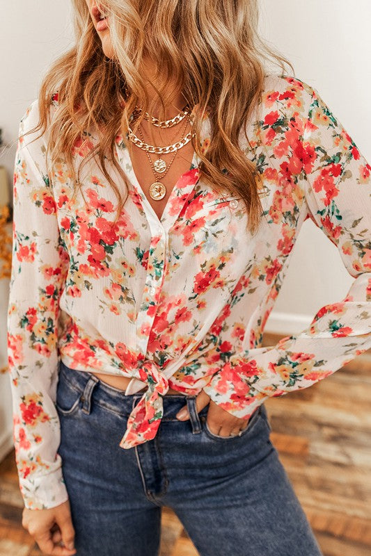 White Vibrant Floral Print Chest Pocket Shirt