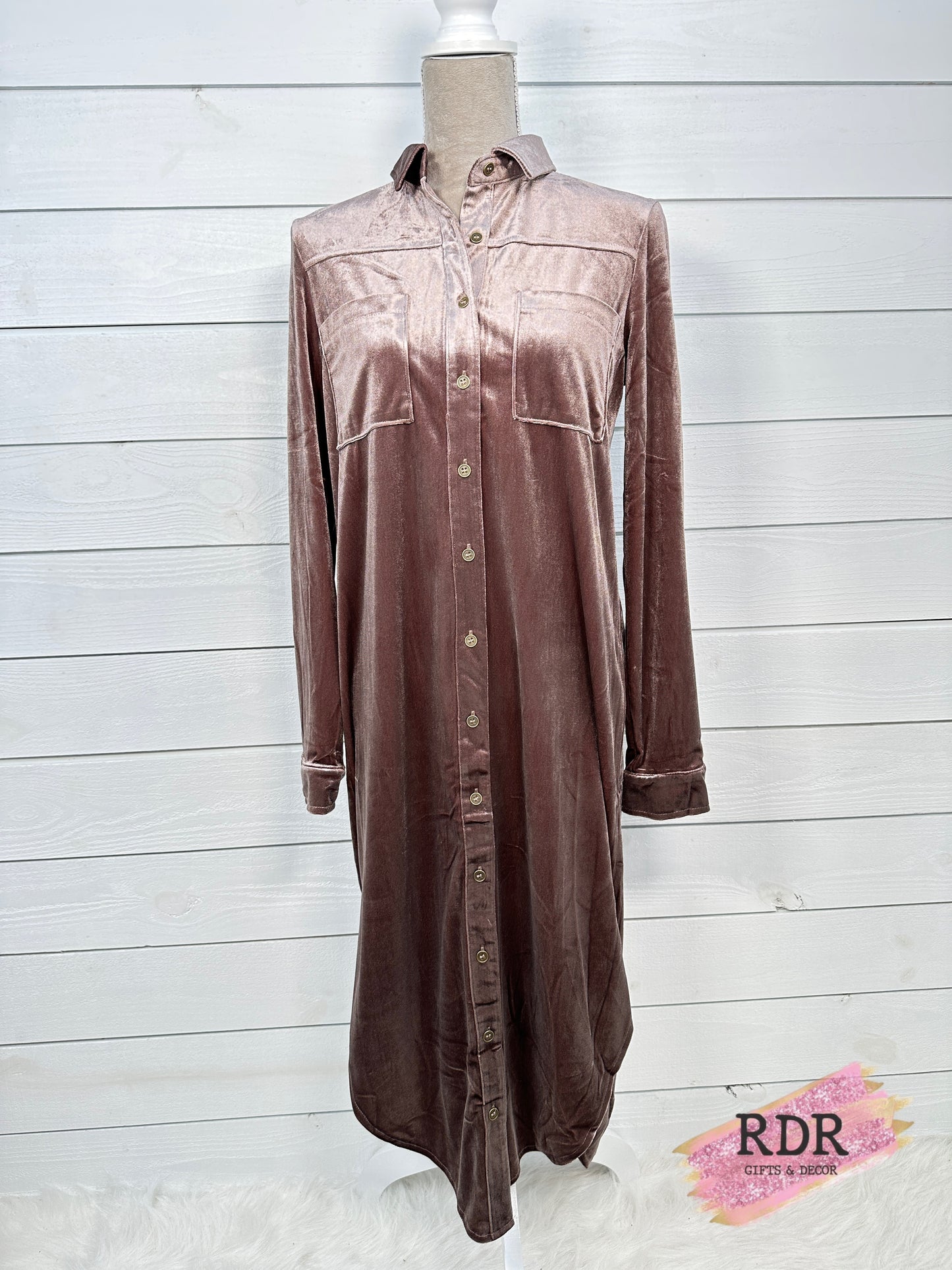 Almond Long Sleeve Long Velvet Button Down Dress