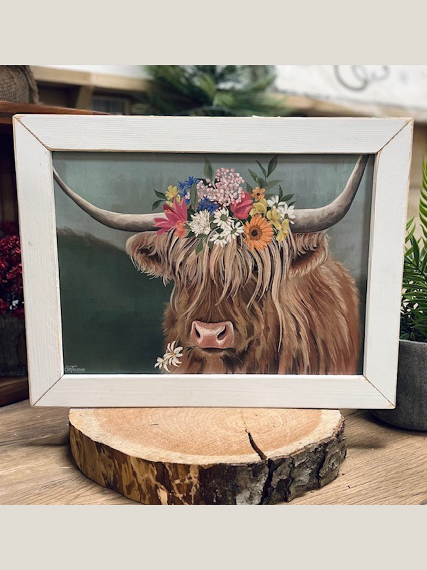 Moolan The Highland Cow With Flowers White Frame Picture