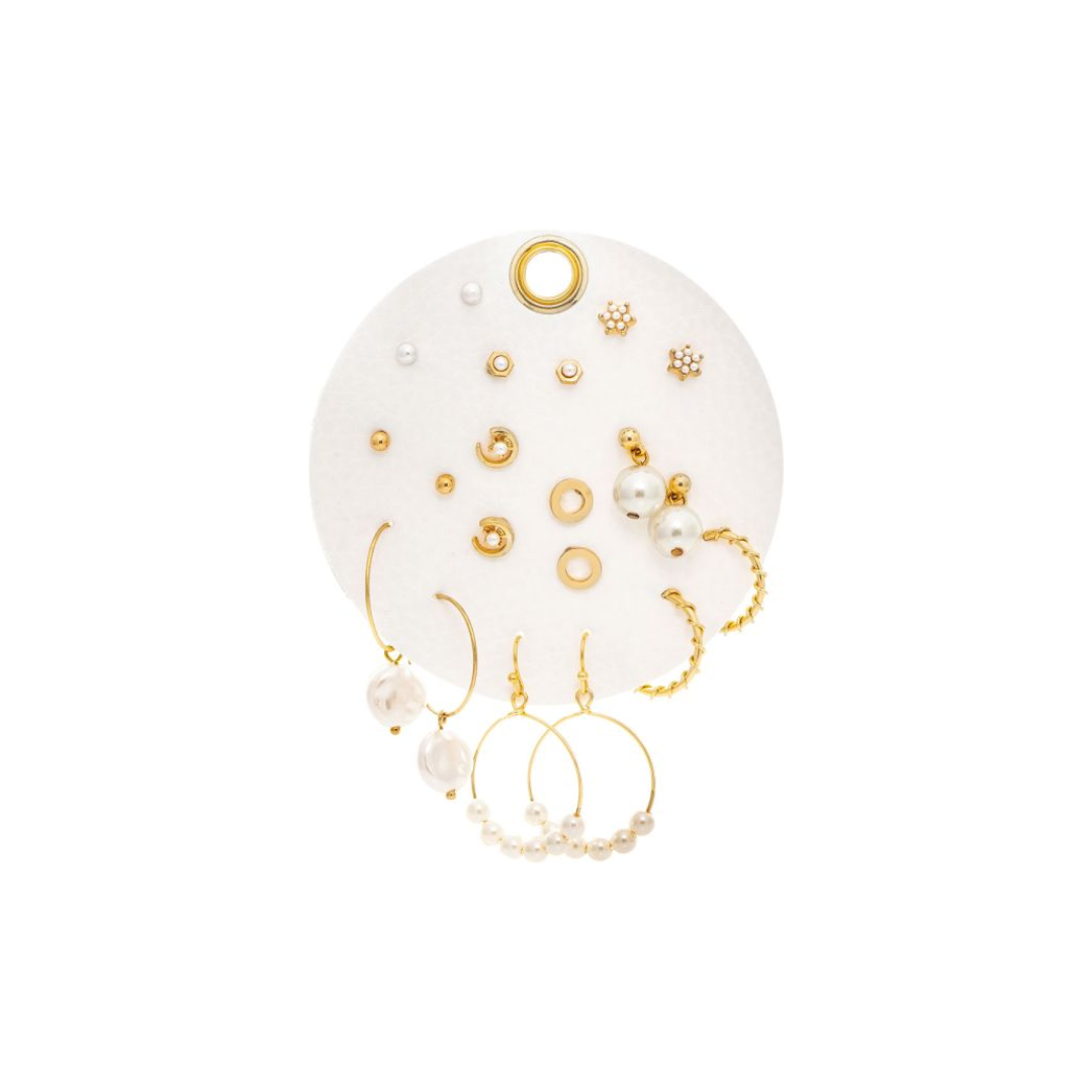 Gold Ten Piece Moons Pearls Hoops and Post Earring Set