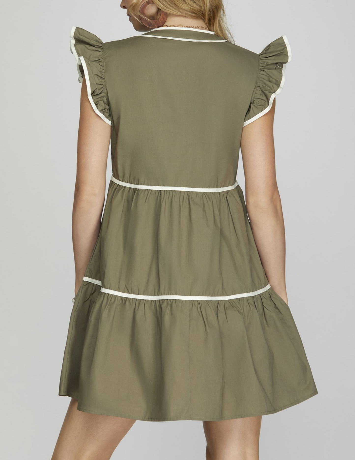Olive Ruffle Sleeve Dress With Contrast Lining