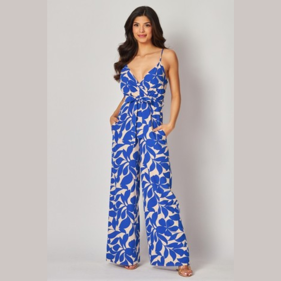 Royal Blue Leaf Print Jumpsuit with Side Pockets