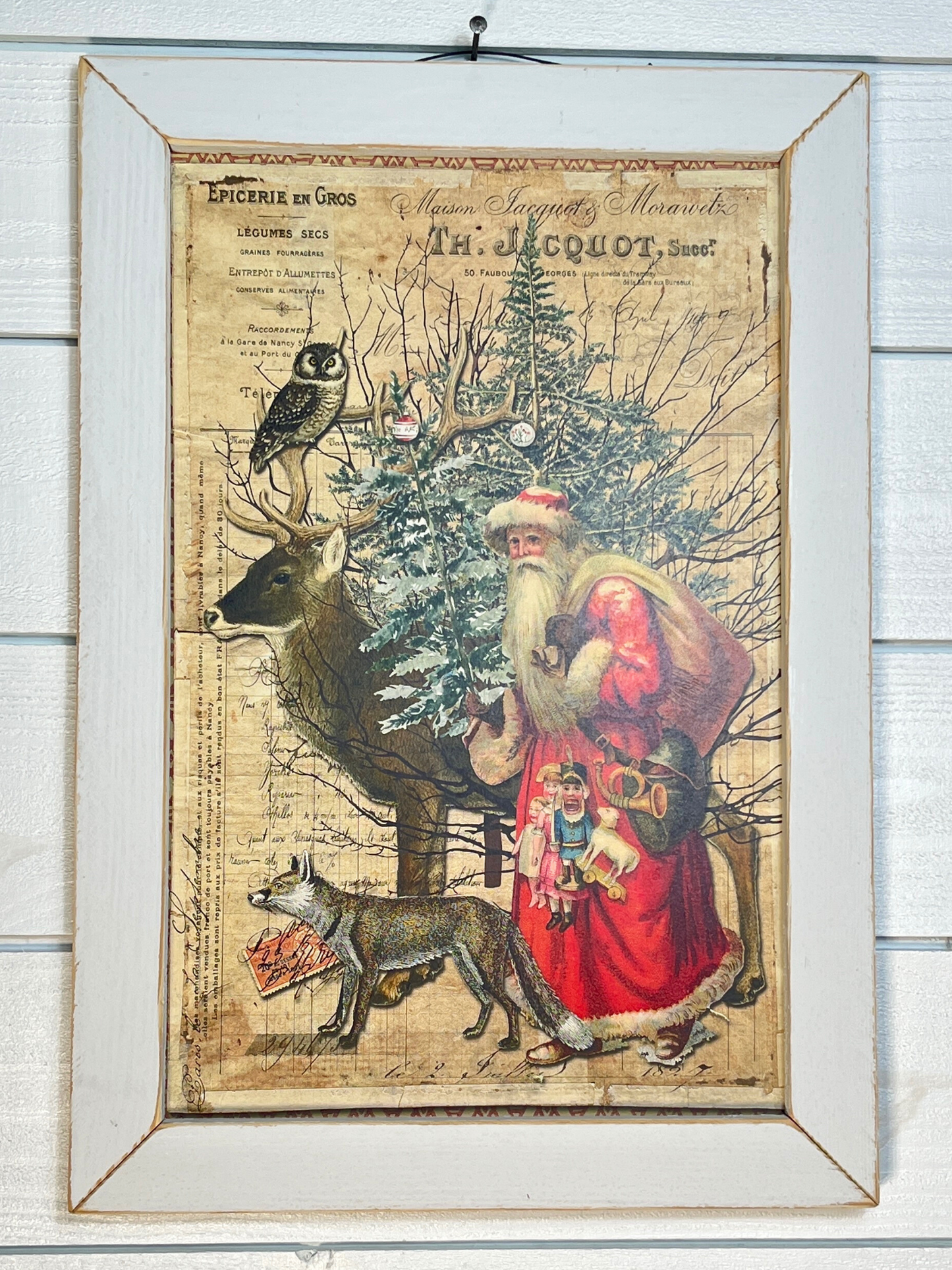 Vintage Santa With Reindeer Picture With White Frame