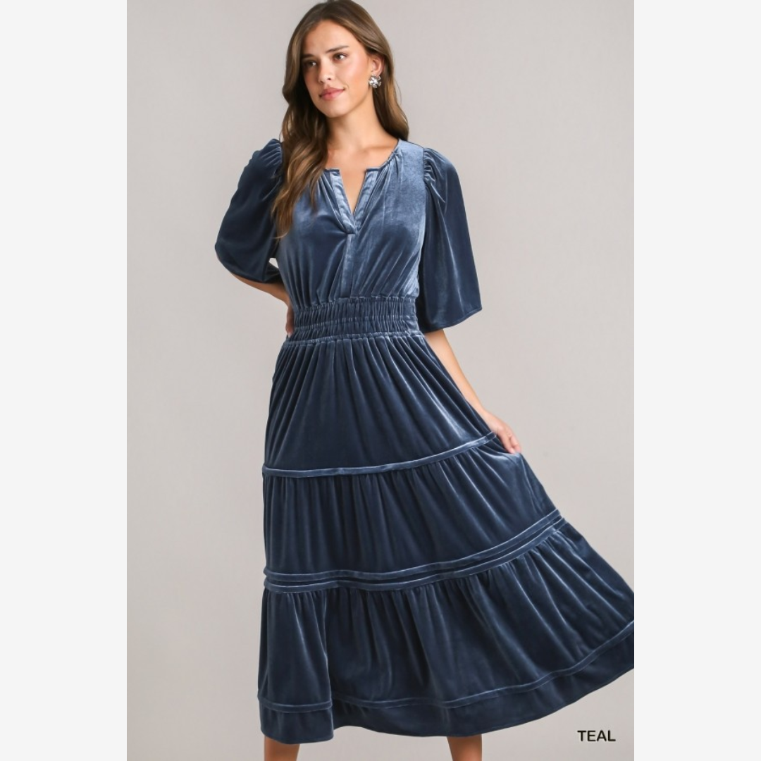 V-Neck Flutter Sleeve Tiered Velvet Midi Dress
